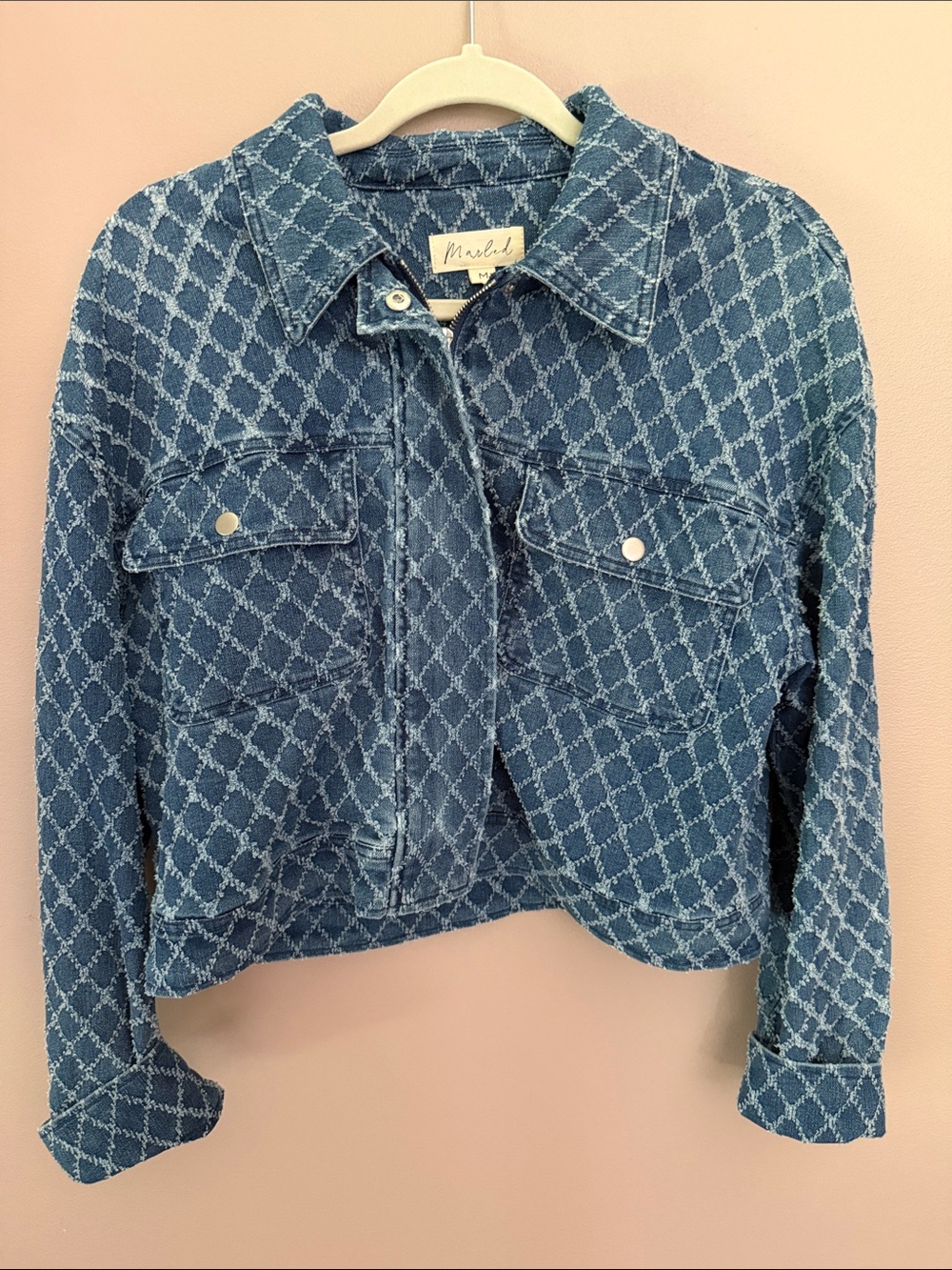 Marled Blue Quilted-Pattern Cropped Denim Jacket